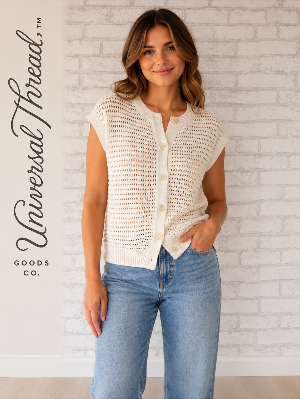 Universal Thread Ivory Open Knit Button Front Sweater Vest XS Sleeveless Cotton - Picture 1 of 9